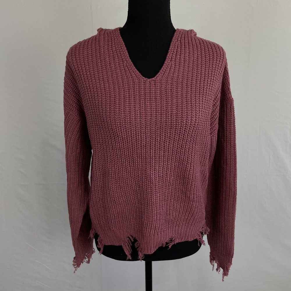 Derek Heart Hoodie Sweater Womens Small Pullover V-Neck Pink Long Sleeve NWT